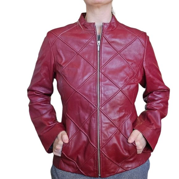 Y2K Oxblood Dark Wine Red M Leather Zipup Jacket‎ Patchwork Pockets Burgundy
